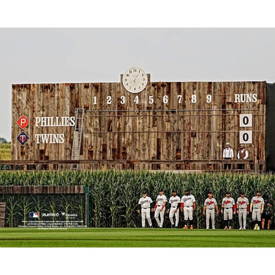 2026 MLB at Field of Dreams Game Philadelphia Phillies Unsigned Fanatics Authentic Philadelphia Phillies vs. Minnesota Twins Entering Through the Cornfield Photograph