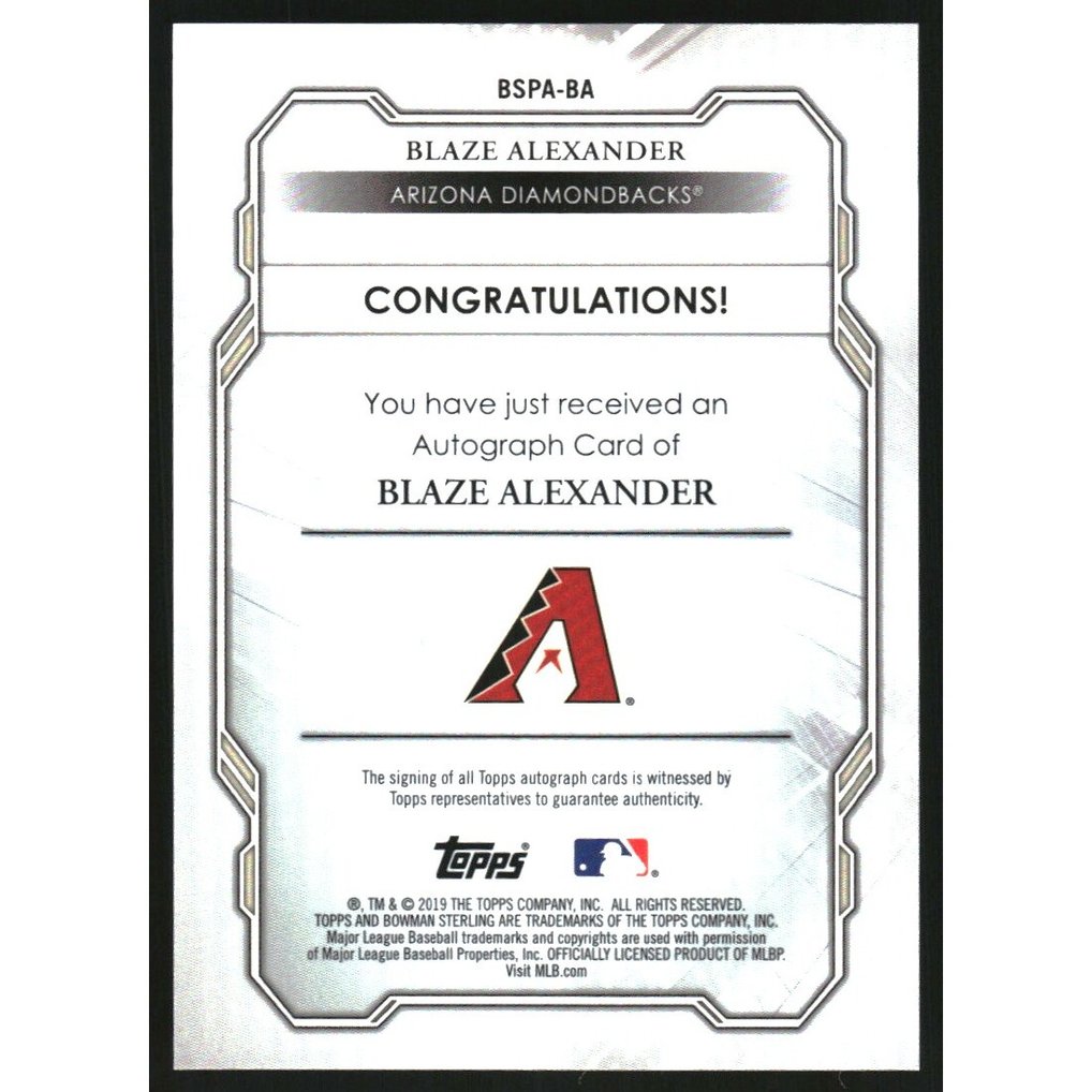 2019 Bowman Sterling Prospect Autographs Speckle Refractors #BSPABA Blaze Alexander