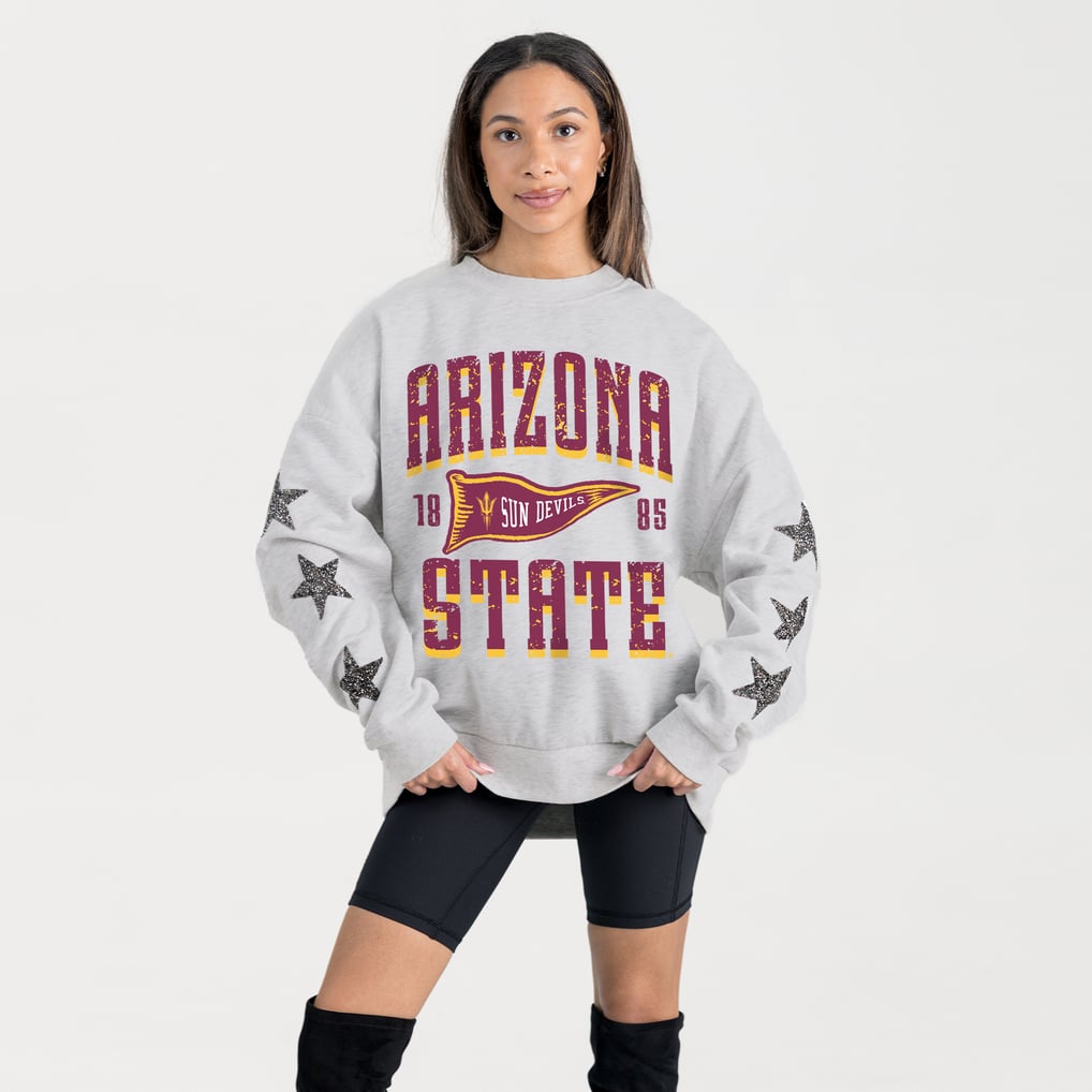 Arizona State Sun Devils Gameday Couture Women's Oversized Pennant Pride Rhinestone Star Sleeve Sweatshirt - Ash