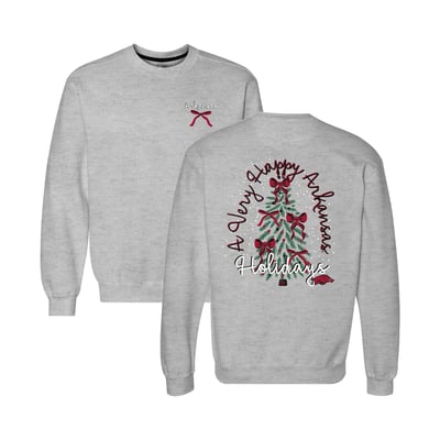  Arkansas Razorbacks Women's Classic Merry Christmas Tree Crewneck Sweatshirt - Heather Gray