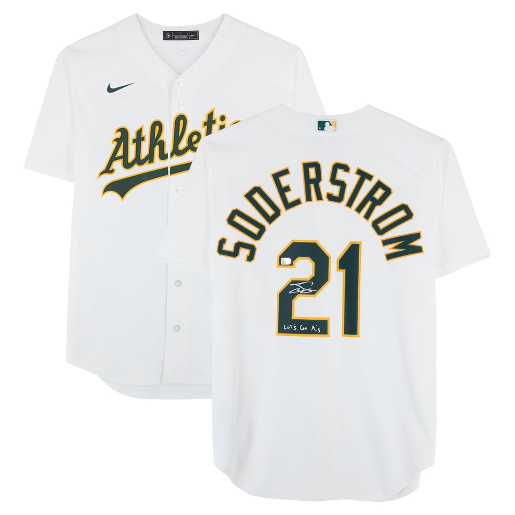 Tyler Soderstrom Athletics Autographed Fanatics Authentic White Nike Replica Jersey with "Let's Go A's" Inscription 