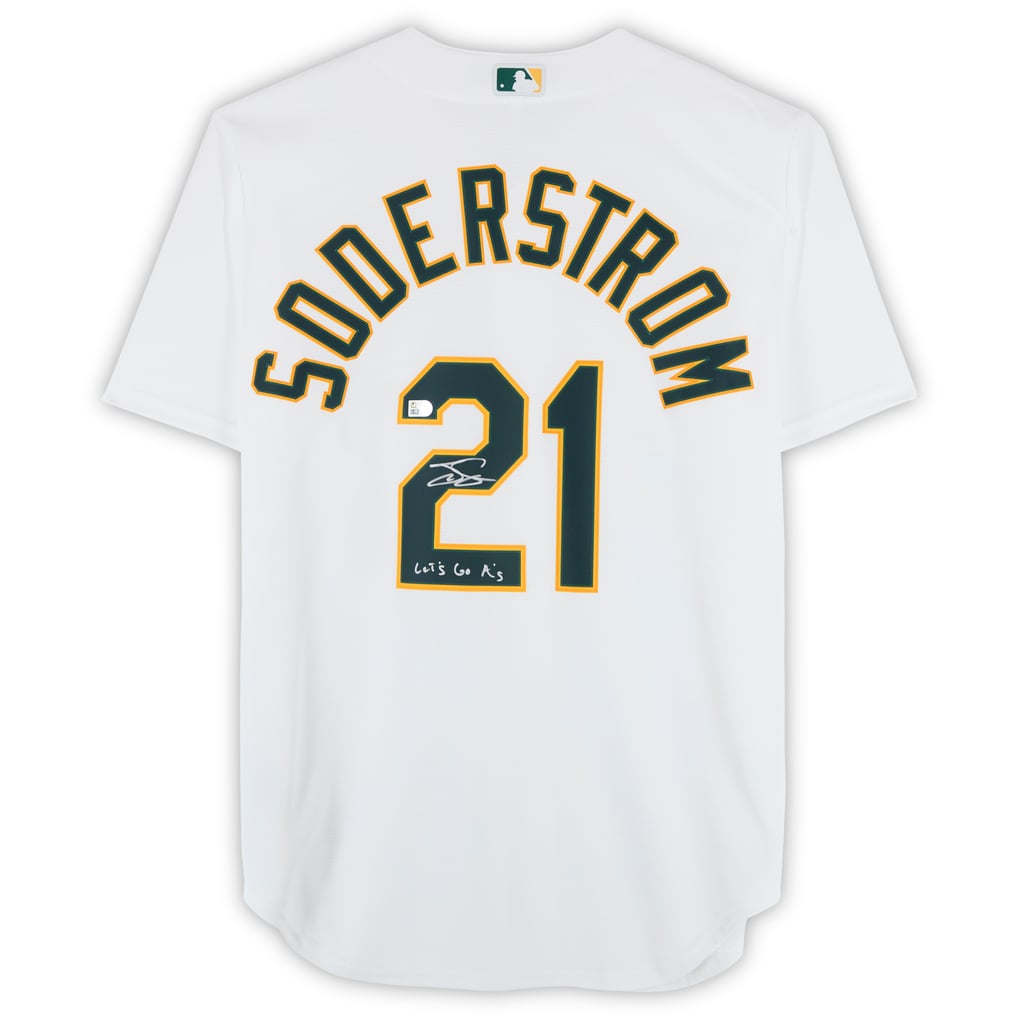 Tyler Soderstrom Athletics Autographed Fanatics Authentic White Nike Replica Jersey with "Let's Go A's" Inscription 