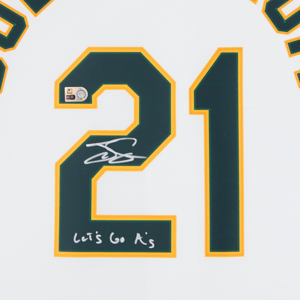 Tyler Soderstrom Athletics Autographed Fanatics Authentic White Nike Replica Jersey with "Let's Go A's" Inscription 