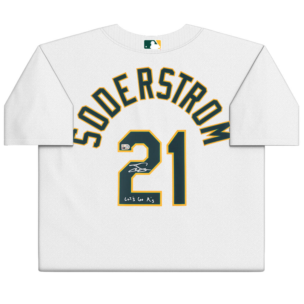Tyler Soderstrom Athletics Autographed Fanatics Authentic White Nike Replica Jersey with "Let's Go A's" Inscription 