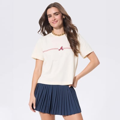 Atlanta Braves Terez Women's Single Line Baseball Stitch T-Shirt - Cream