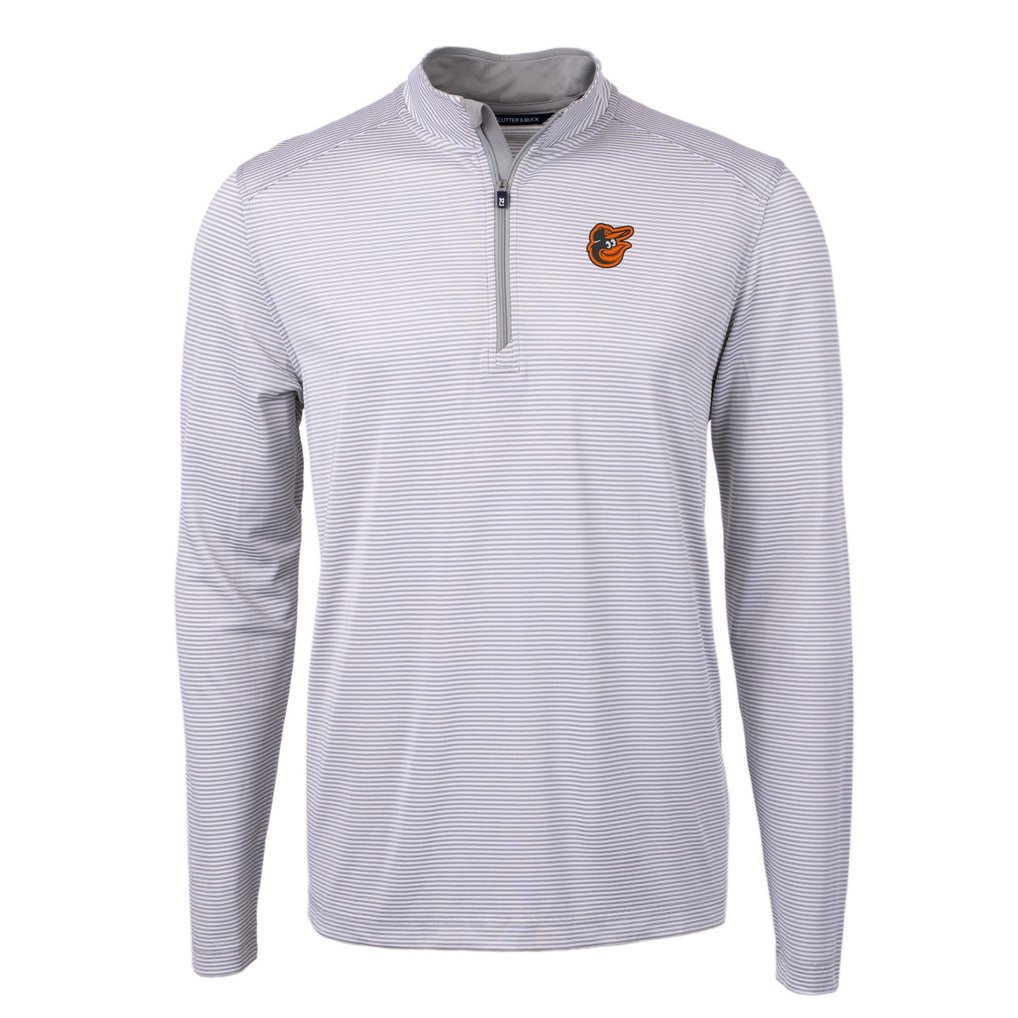 Baltimore Orioles Cutter & Buck Virtue Eco Pique Micro Stripe Recycled Quarter-Zip Pullover Top - Gray/White