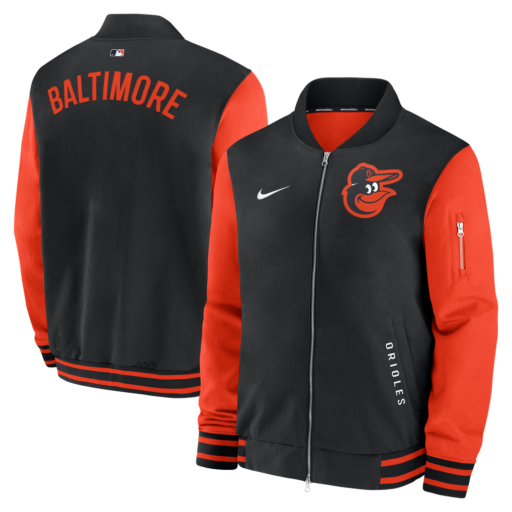 Baltimore Orioles Nike Authentic Collection Dugout Relaxed Full-Zip Bomber Jacket - Black/Orange