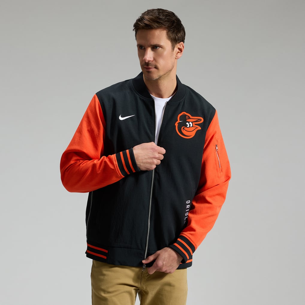 Baltimore Orioles Nike Authentic Collection Dugout Relaxed Full-Zip Bomber Jacket - Black/Orange