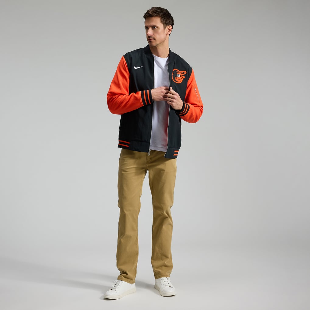 Baltimore Orioles Nike Authentic Collection Dugout Relaxed Full-Zip Bomber Jacket - Black/Orange
