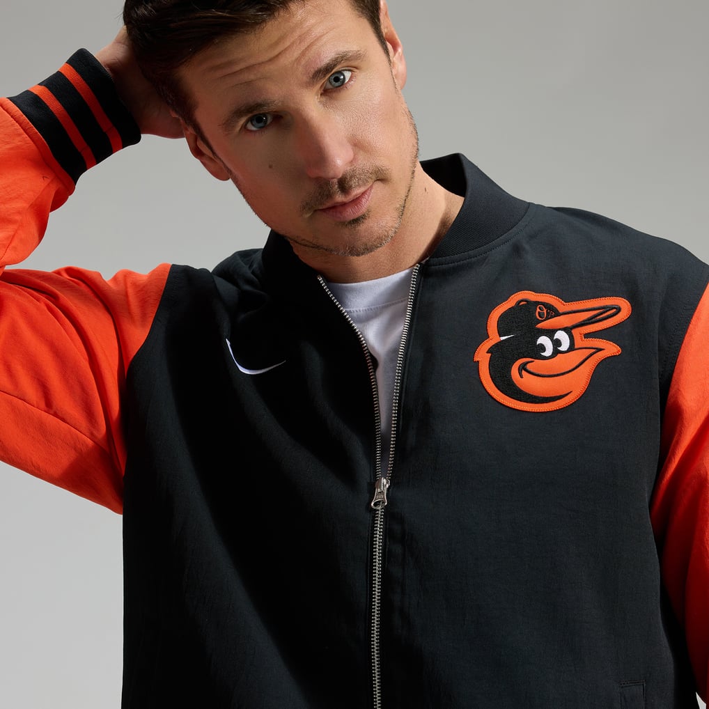 Baltimore Orioles Nike Authentic Collection Dugout Relaxed Full-Zip Bomber Jacket - Black/Orange