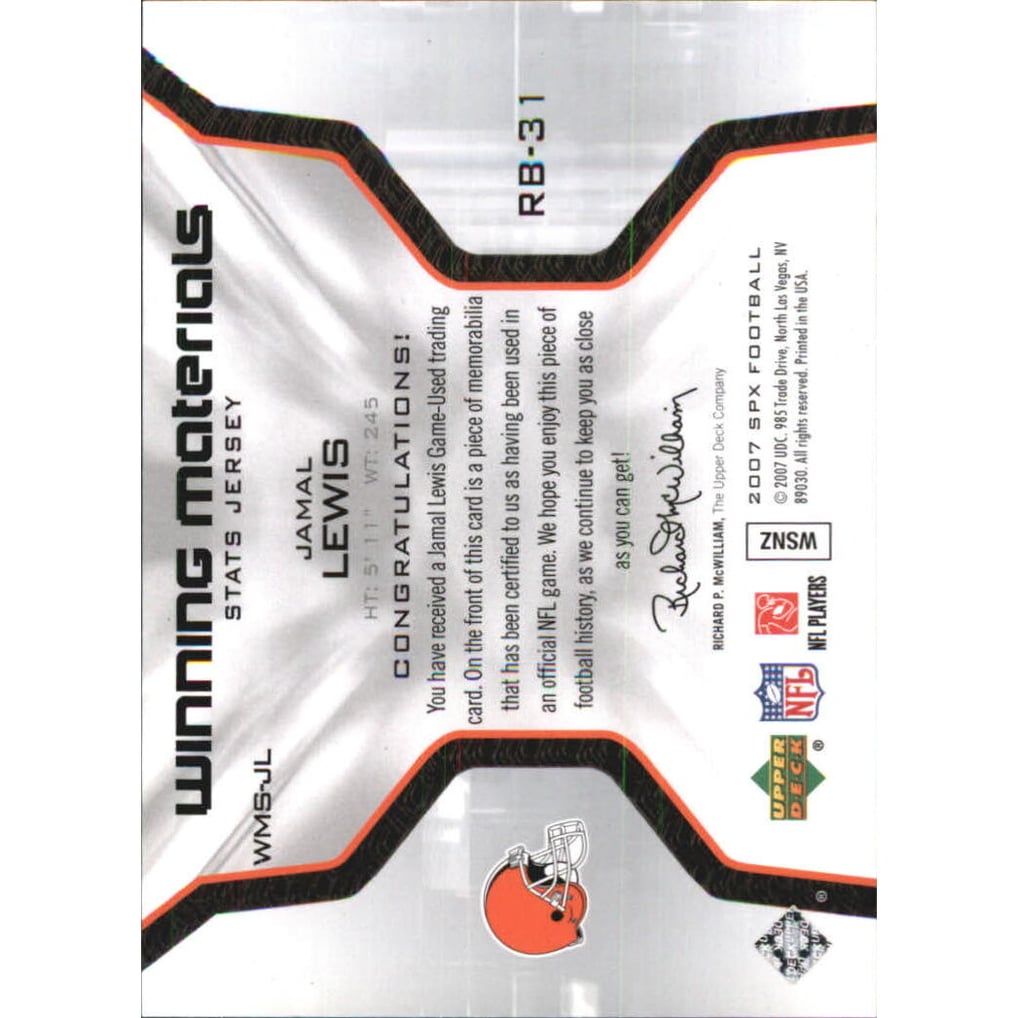 2007 SPx Winning Materials Stat #WMSJL Jamal Lewis