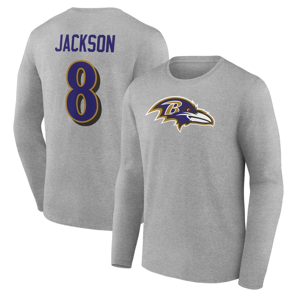 Lamar Jackson Baltimore Ravens Icon Player Name & Number Long Sleeve T-Shirt - Gray