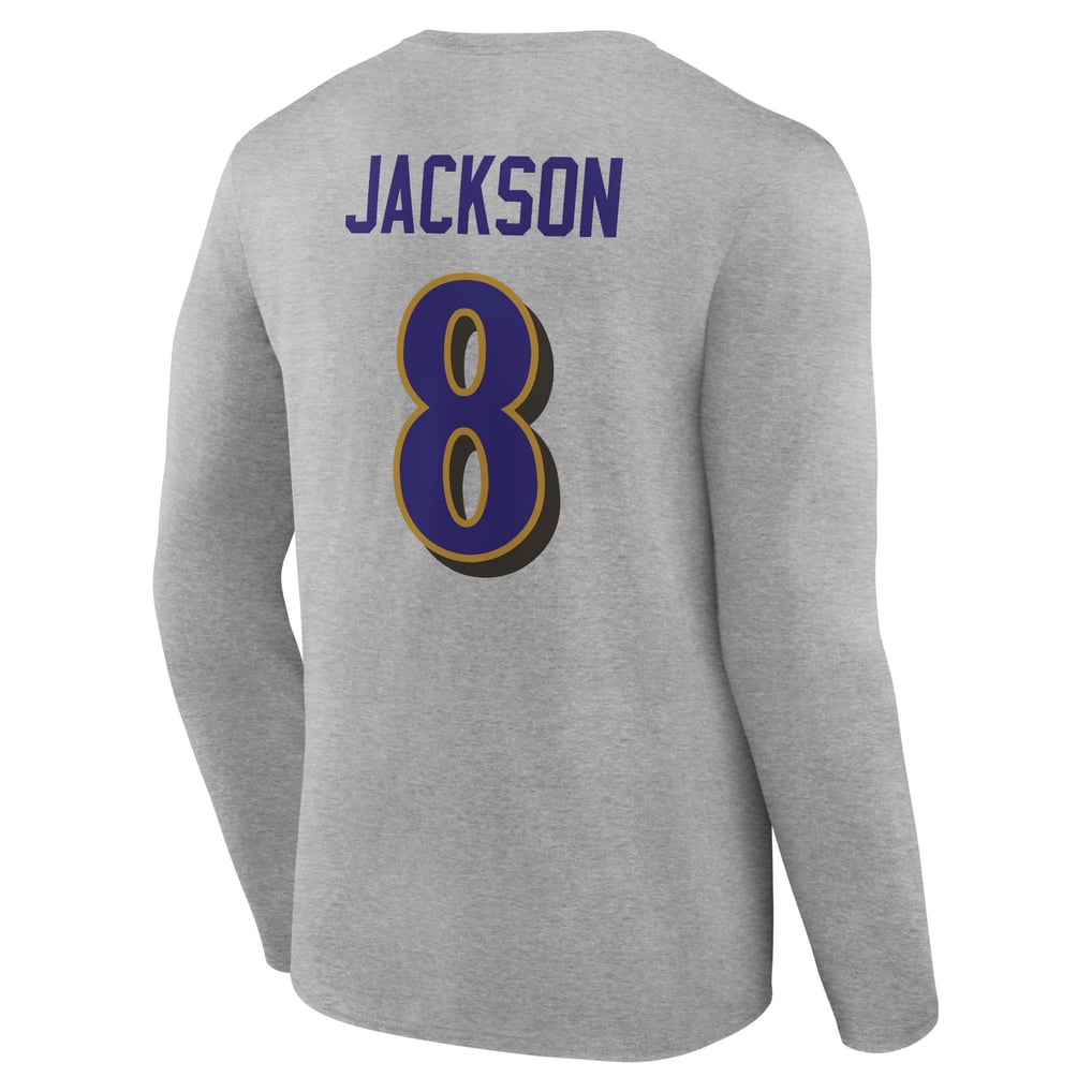Lamar Jackson Baltimore Ravens Icon Player Name & Number Long Sleeve T-Shirt - Gray