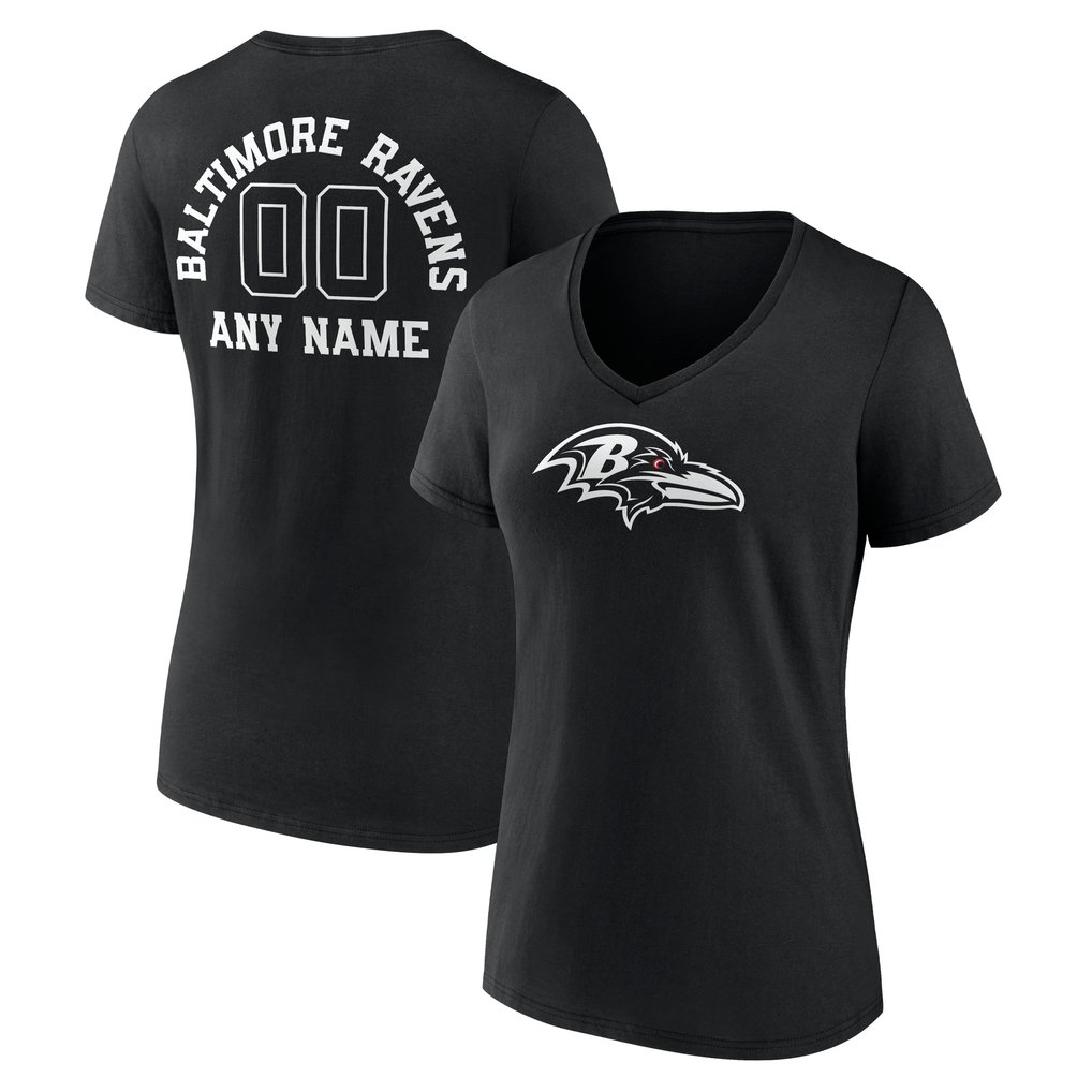 Baltimore Ravens Women's Personalized Name & Number Monochrome V-Neck T-Shirt - Black