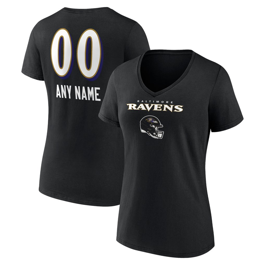 Baltimore Ravens Women's Personalized Name & Number Team Wordmark V-Neck T-Shirt - Black