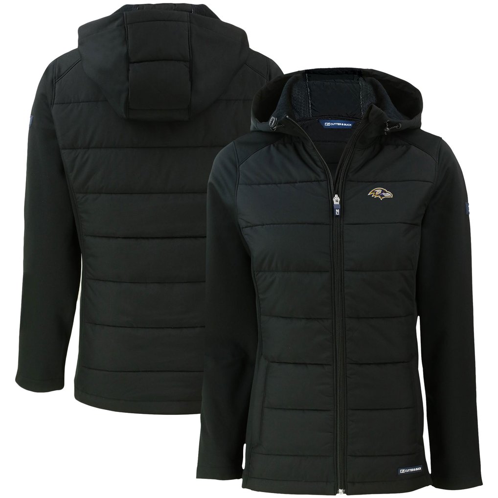 Baltimore Ravens Cutter & Buck Women's Evoke PrimaLoft Hybrid Eco Softshell Recycled Full-Zip Hooded Jacket - Black
