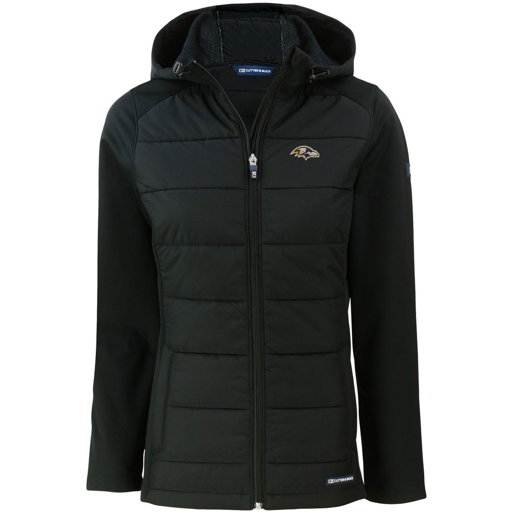 Baltimore Ravens Cutter & Buck Women's Evoke PrimaLoft Hybrid Eco Softshell Recycled Full-Zip Hooded Jacket - Black