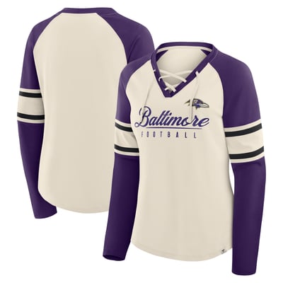 Baltimore Ravens Fanatics Women's Hometown Gridiron Hero Raglan Lace-Up V-Neck Long Sleeve T-Shirt - Cream/Purple