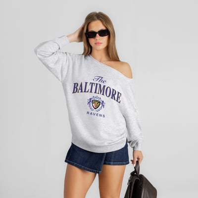 Baltimore Ravens Gameday Couture Women's Offsides Energy Off-Shoulder Sweatshirt - Ash