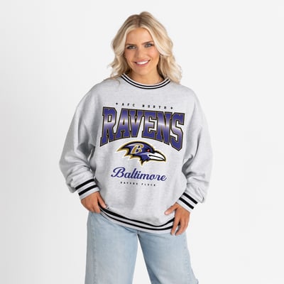 Baltimore Ravens Gameday Couture Women's Oversized Gridiron Drive Ringer Stripe Sweatshirt - Ash/Black