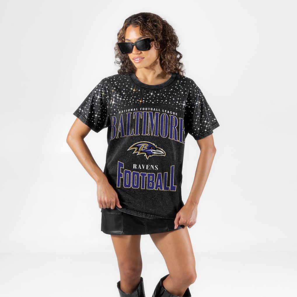Baltimore Ravens Gameday Couture Women's  In the Zone Washed Micro Rhinestone T-Shirt - Black