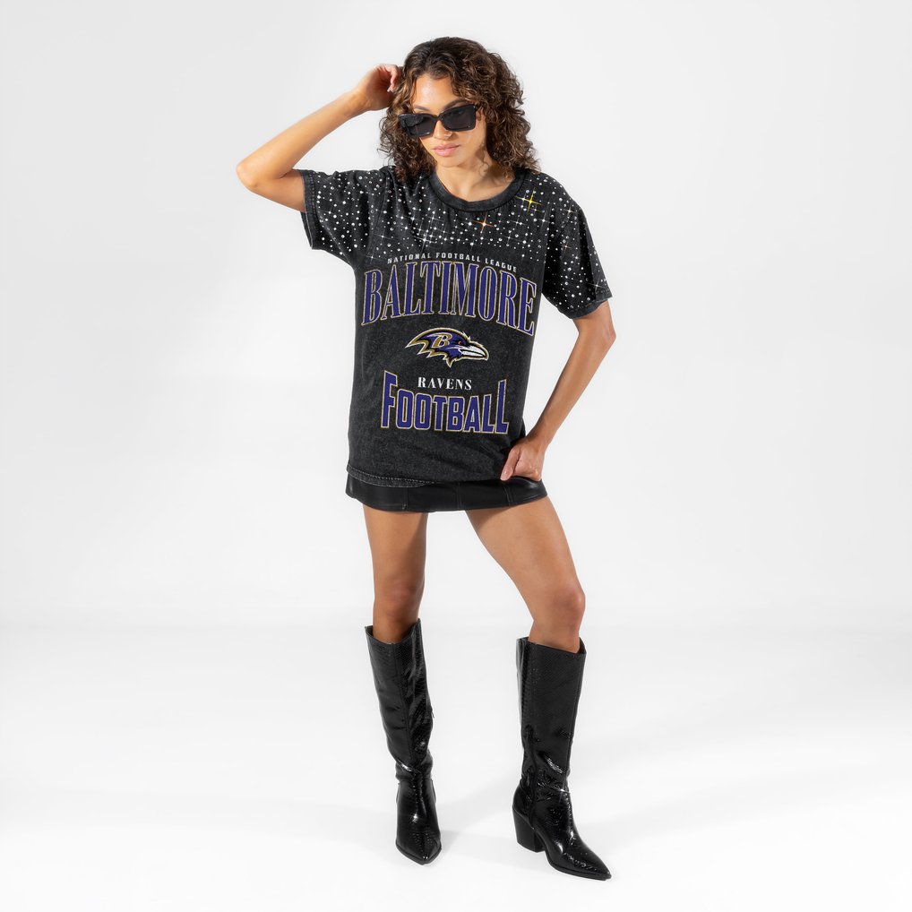 Baltimore Ravens Gameday Couture Women's  In the Zone Washed Micro Rhinestone T-Shirt - Black