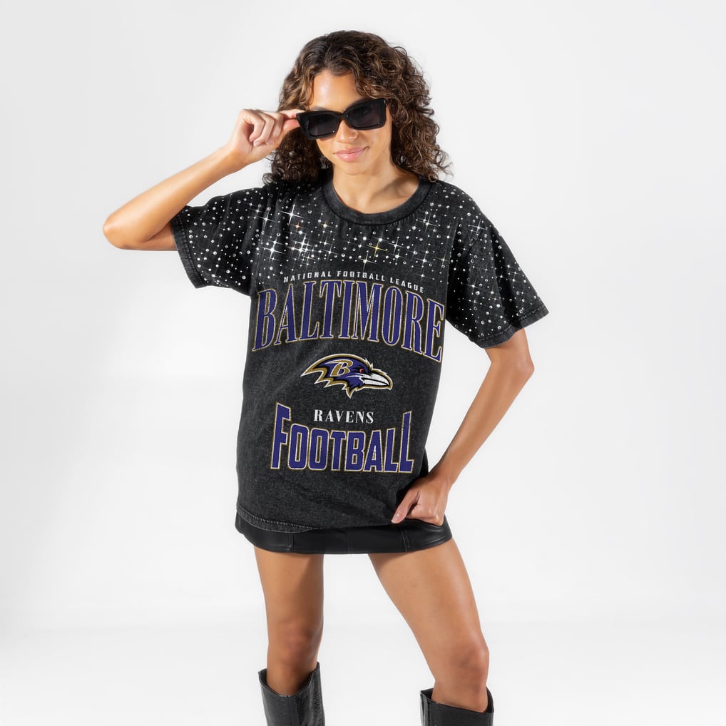 Baltimore Ravens Gameday Couture Women's  In the Zone Washed Micro Rhinestone T-Shirt - Black