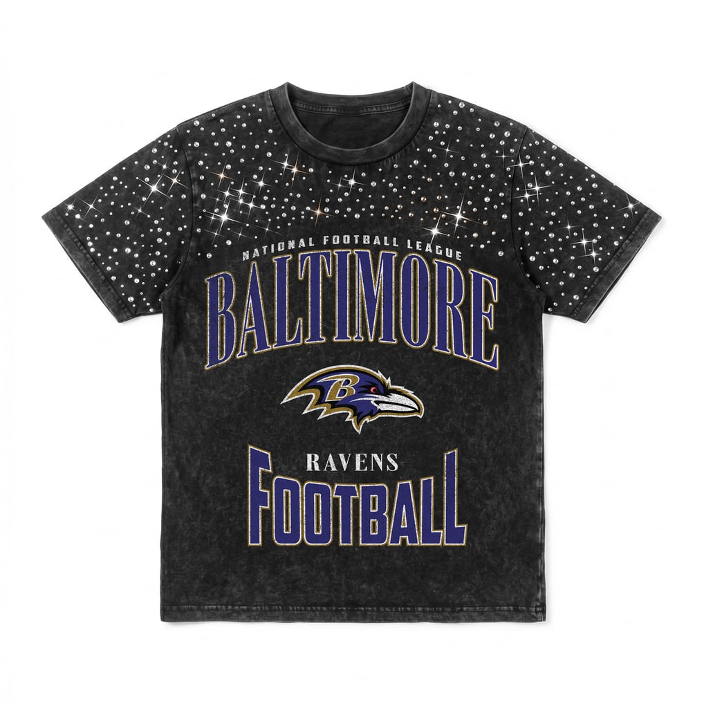 Baltimore Ravens Gameday Couture Women's  In the Zone Washed Micro Rhinestone T-Shirt - Black