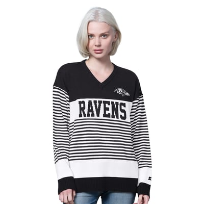 Baltimore Ravens Starter Women's No Huddle Striped V-Neck Sweater - Black
