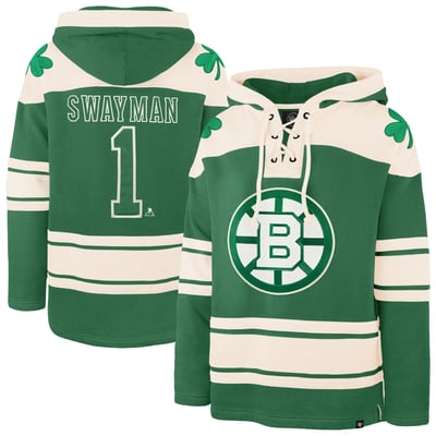 Jeremy Swayman Boston Bruins '47 St. Patrick's Day Player Name & Number Lacer Pullover Hoodie - Kelly Green