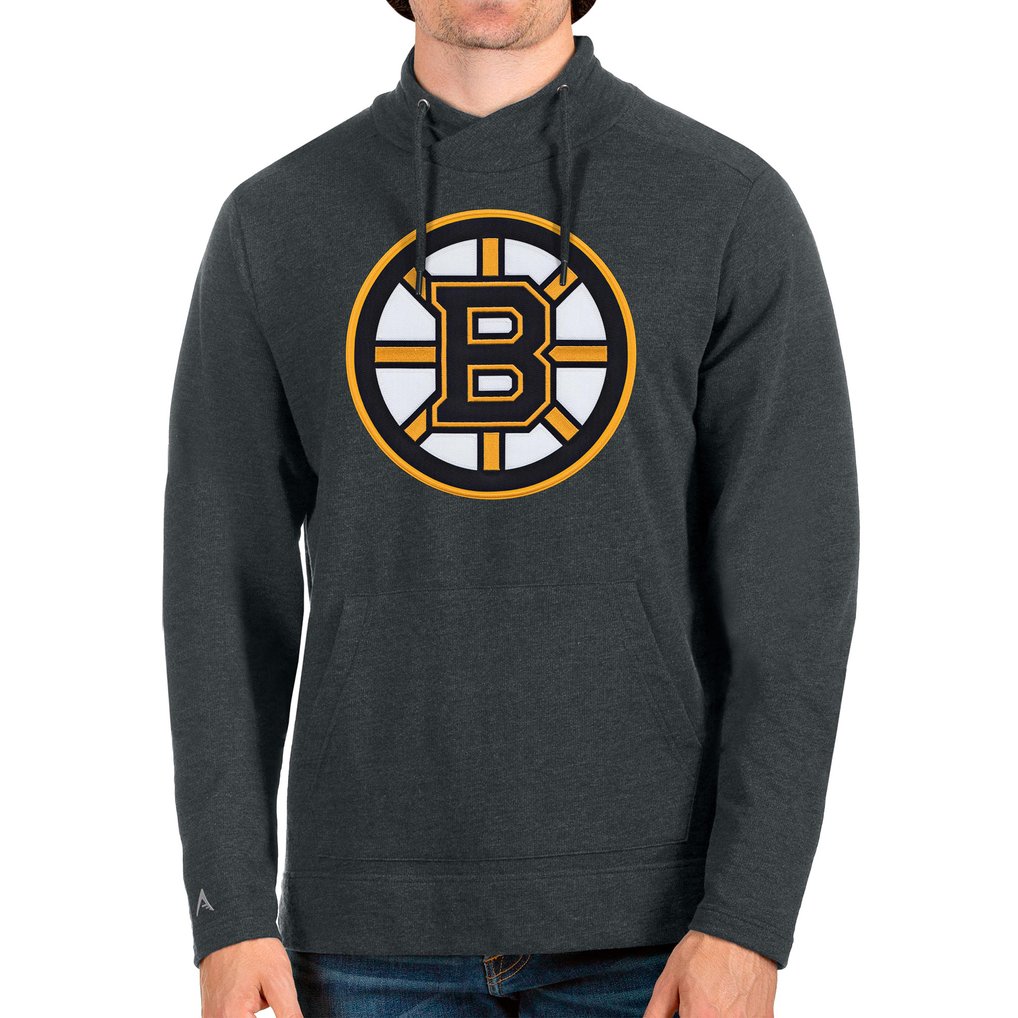 Boston Bruins Antigua Reward Crossover Neckline Pullover Sweatshirt - Heathered Charcoal
