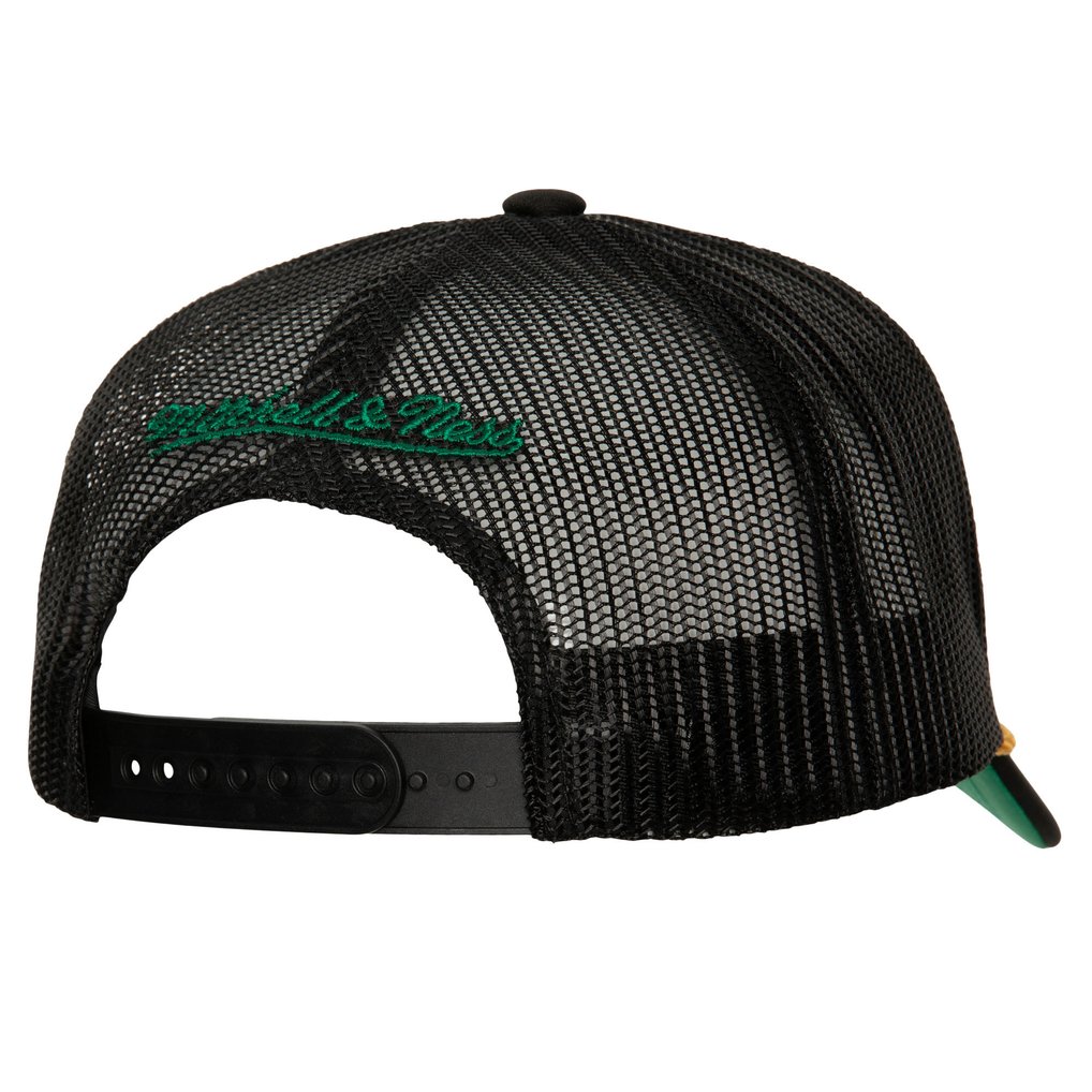 Boston Celtics Mitchell & Ness Hardwood Classics Gold Leaf Mesh Trucker Snapback Hat - Black