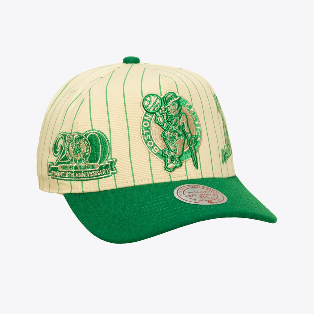 Boston Celtics Mitchell & Ness Retro Roots Stripe Pro Adjustable Hat - Cream
