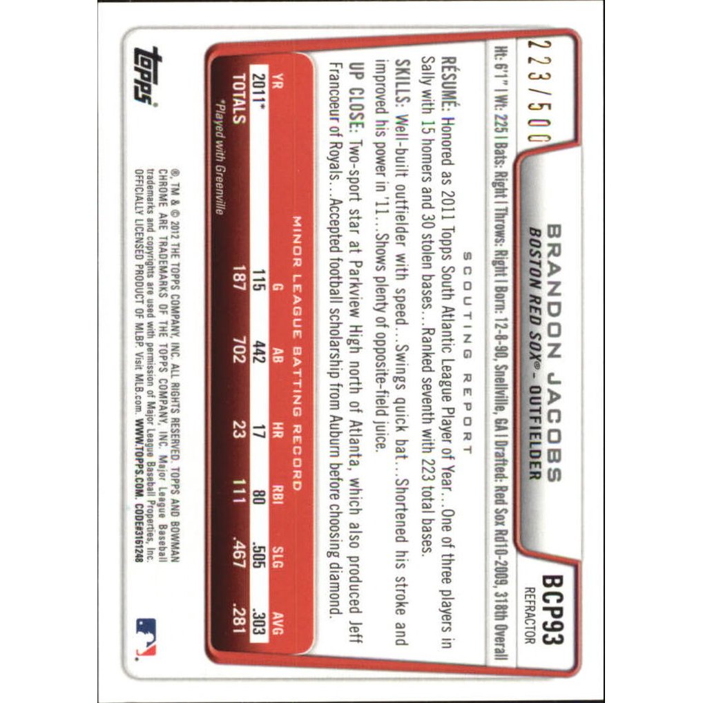 2012 Bowman Chrome Prospect Autographs Refractors #BCP93 Brandon Jacobs