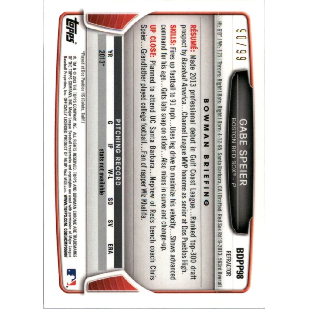 2013 Bowman Chrome Draft Draft Picks Blue Refractors #BDPP98 Gabe Speier