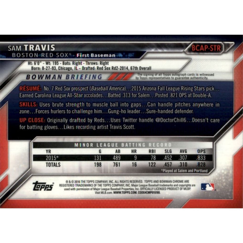 2016 Bowman Chrome Prospect Autographs #BCAPSTR Sam Travis