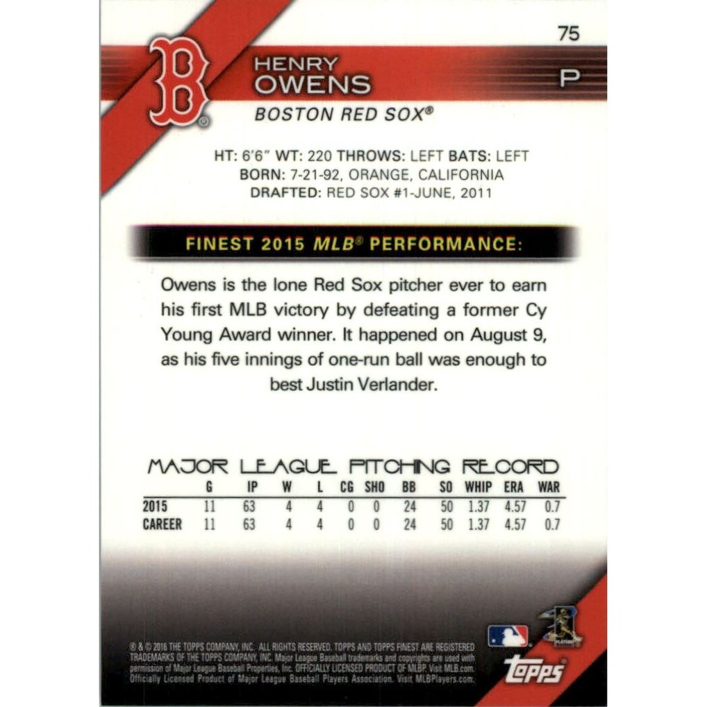 2016 Finest Gold Refractors #75 Henry Owens