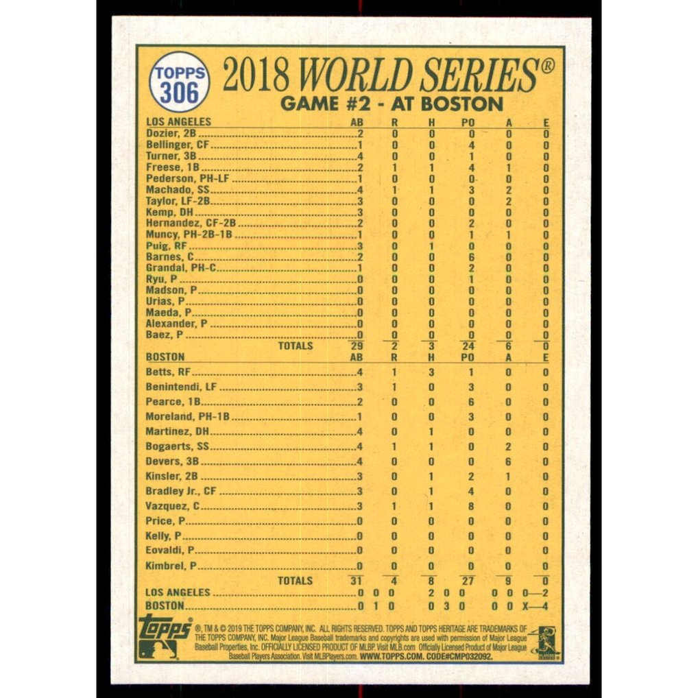 2019 Topps Heritage Black Border #306 J.D. Martinez WS HL