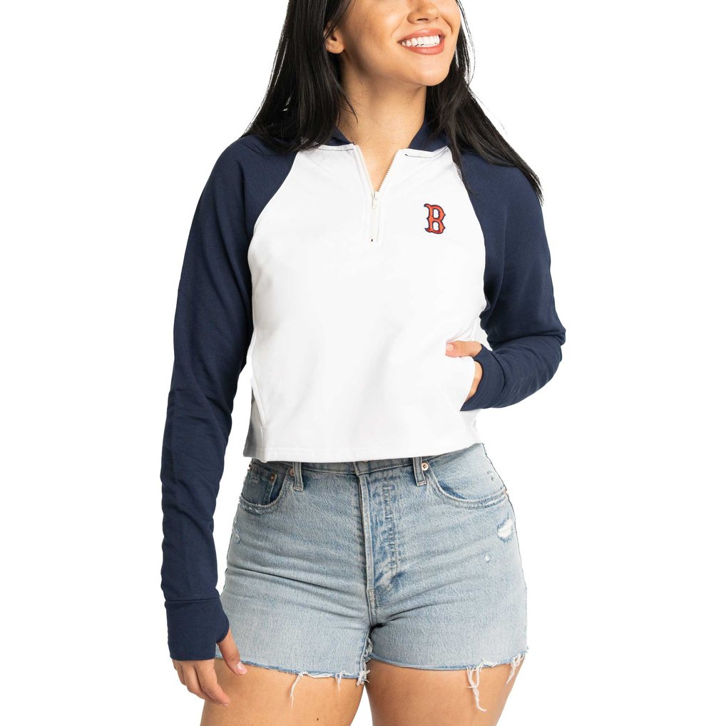 Boston Red Sox Lusso Women's Jane Raglan Quarter-Zip Tri-Blend Cropped Pullover Hoodie - White