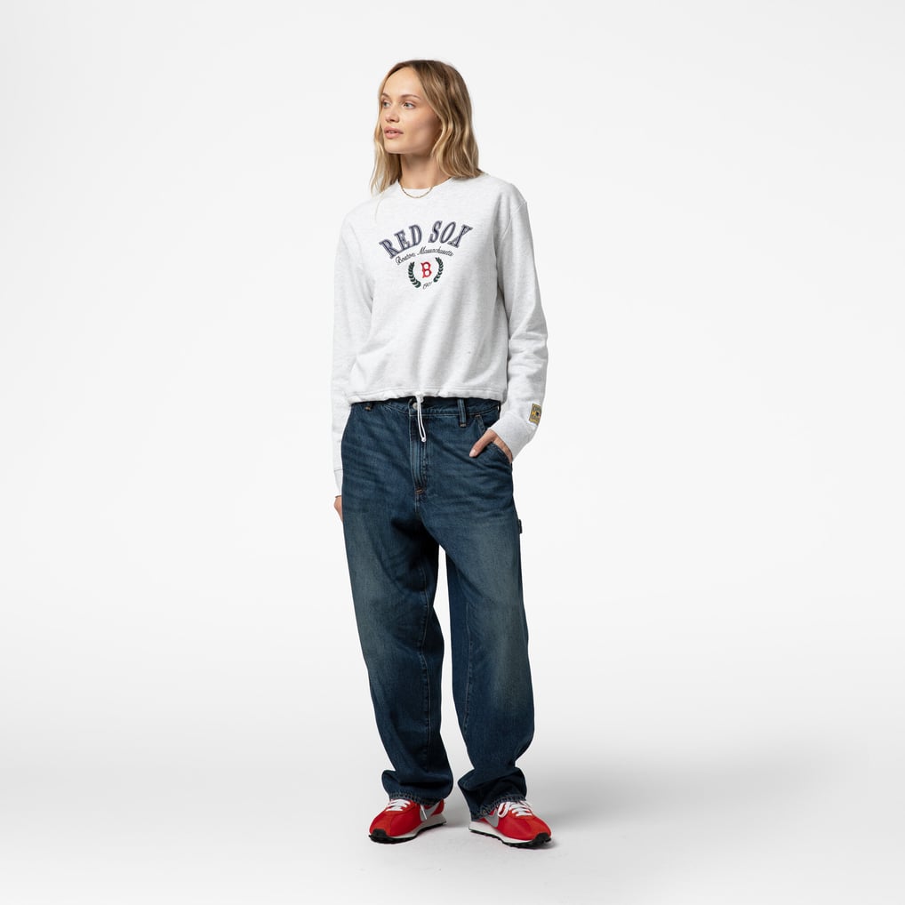 Boston Red Sox Mitchell & Ness Women's Cropped Toggle Pullover Sweatshirt - Heather Gray