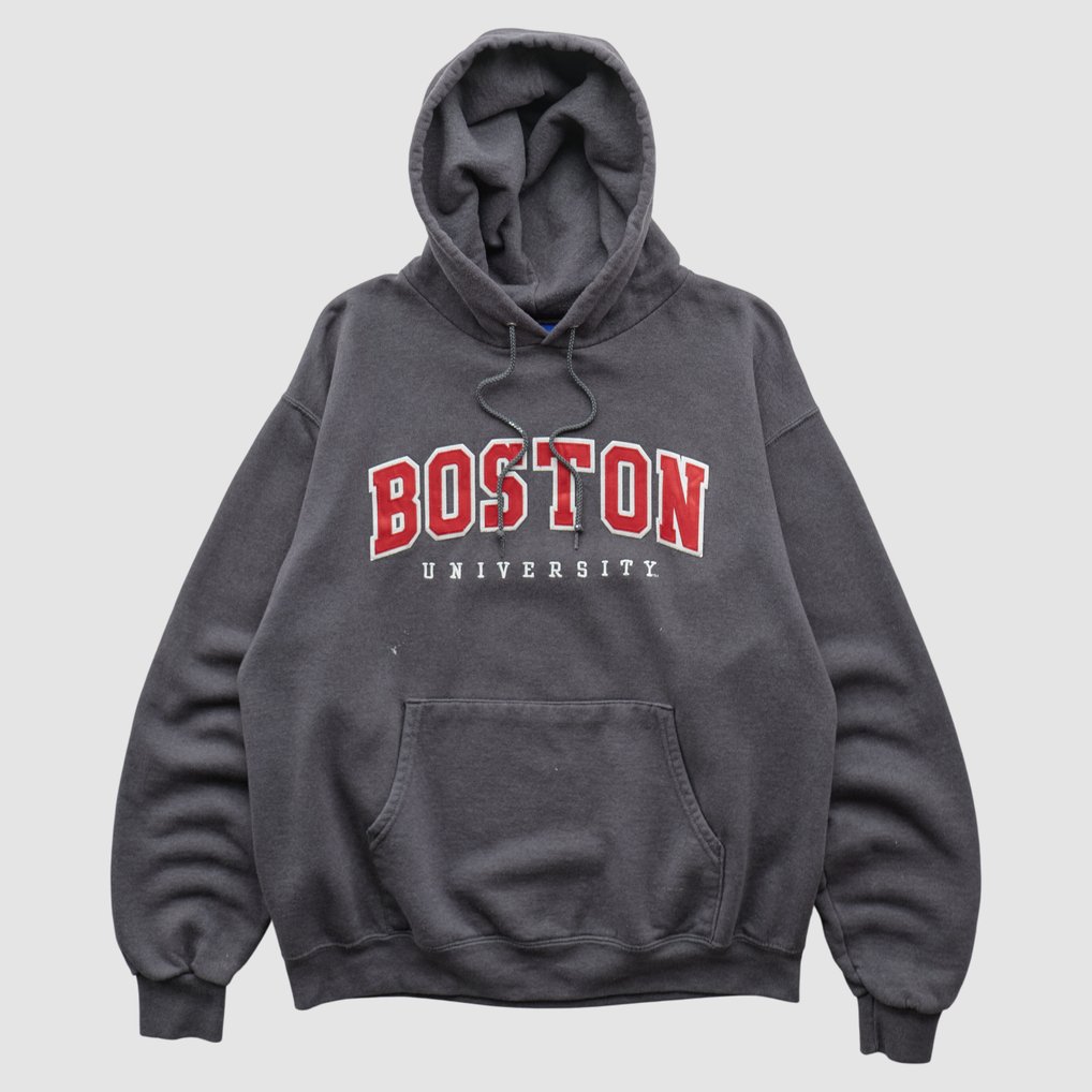 Boston University Champion 2000s Hooded Pullover Sweatshirt - Charcoal - S by Fanatics Real Vintage