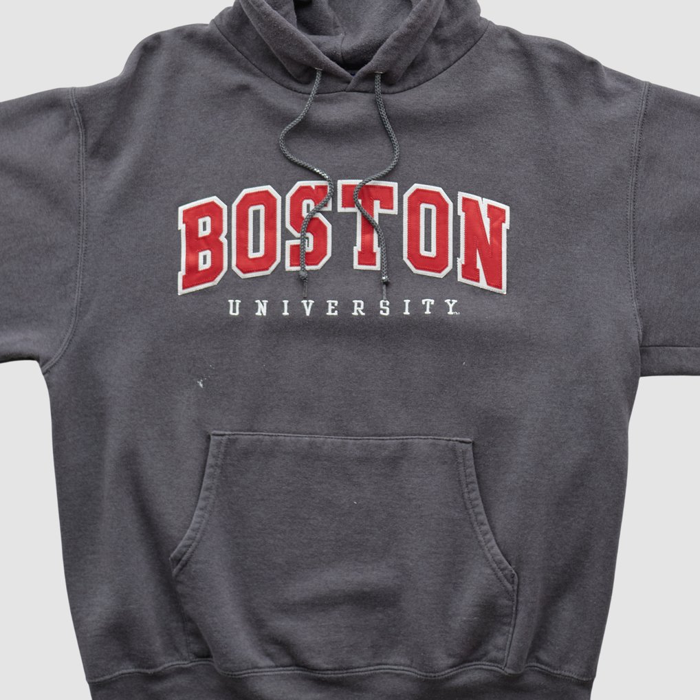 Boston University Champion 2000s Hooded Pullover Sweatshirt - Charcoal - S by Fanatics Real Vintage
