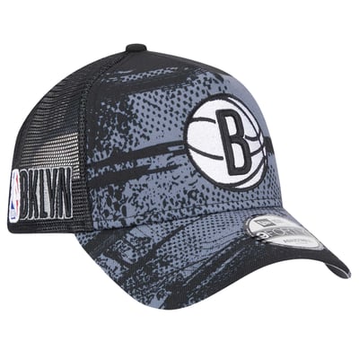 Brooklyn Nets New Era Tip Off A-Frame Trucker 9FORTY Adjustable Hat - Black/Charcoal
