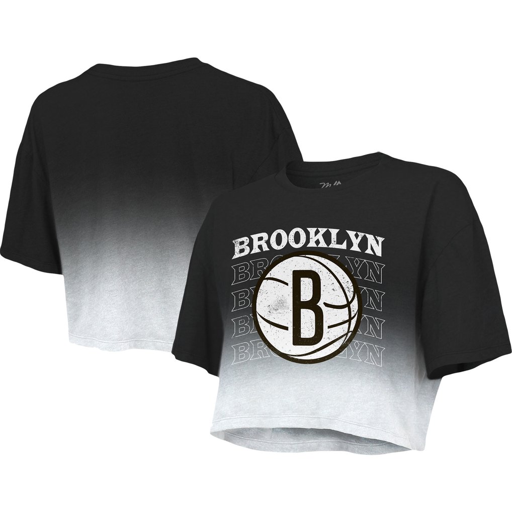 Brooklyn Nets Majestic Threads Women's Repeat Dip-Dye Cropped T-Shirt - Black/White