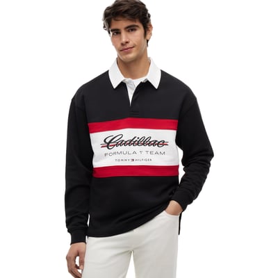 Tommy Hilfiger x Cadillac F1 Team Colorblock Script Long Sleeve Rugby Polo - Black