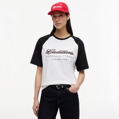 Cadillac F1 Team Tommy Hilfiger Unisex Script Raglan Sleeve T-Shirt - White