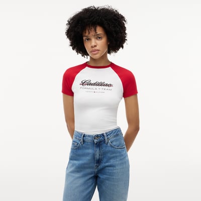 Cadillac F1 Team Tommy Hilfiger Women's Script Raglan Sleeve T-Shirt - White