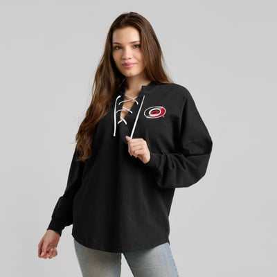 Carolina Hurricanes Fanatics Women's 2026 Stanley Cup Champions Lace-Up Spirit Jersey Long Sleeve T-Shirt - Black