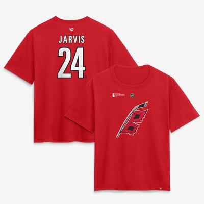 Seth Jarvis Carolina Hurricanes Fanatics Women's 2026 Stanley Cup Champions Authentic Stack Name & Number T-Shirt - Red