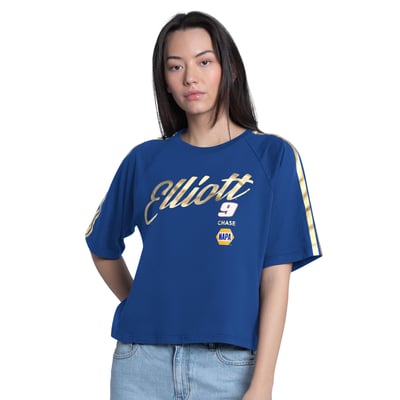 Chase Elliott G-III 4Her by Carl Banks Women's Cropped Classic Play Gold Trim Raglan T-Shirt - Royal